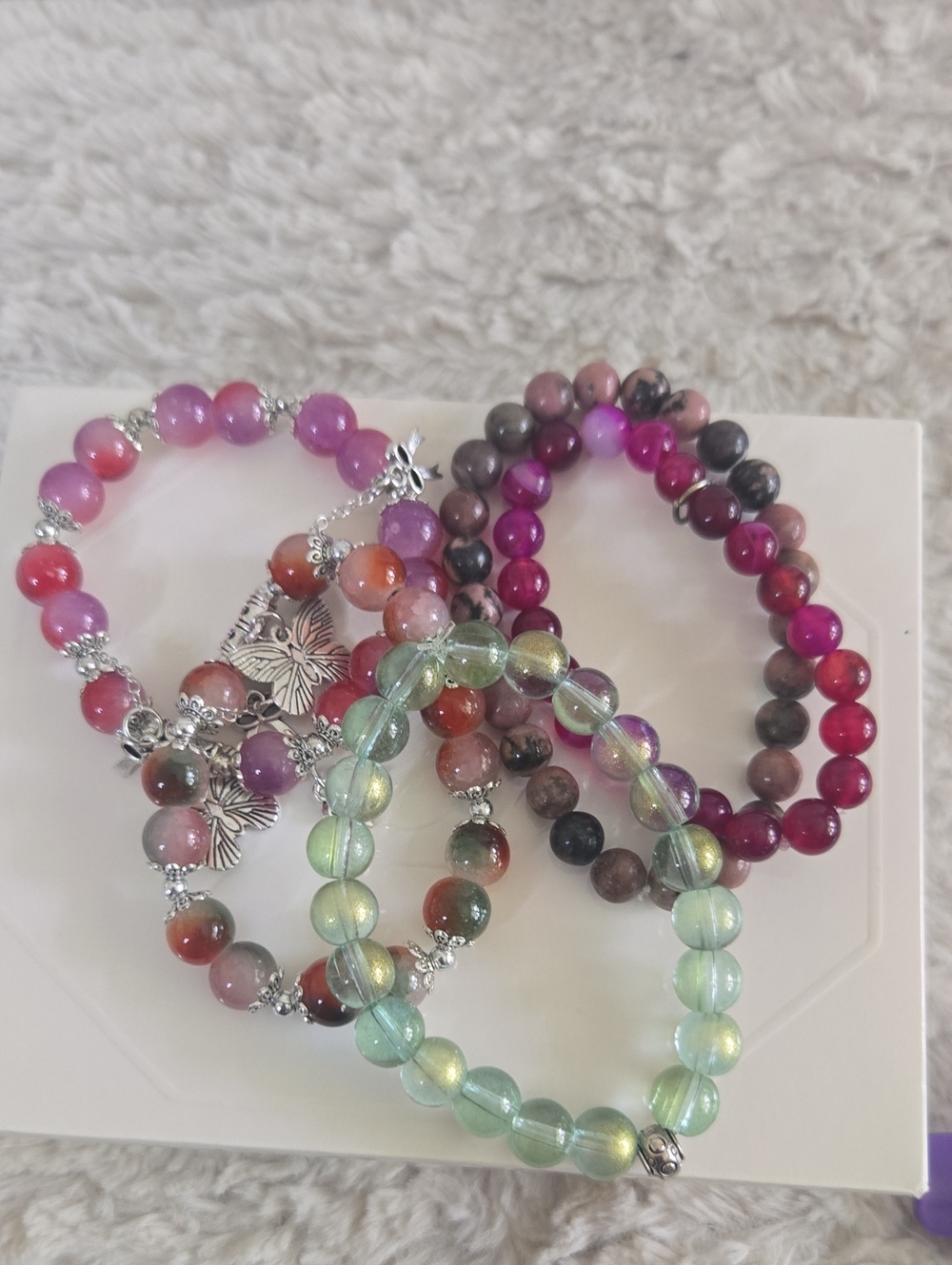 5 Handcrafted Multicolor Beaded Stretch Bracelets - Pink, Red, Purple & Green